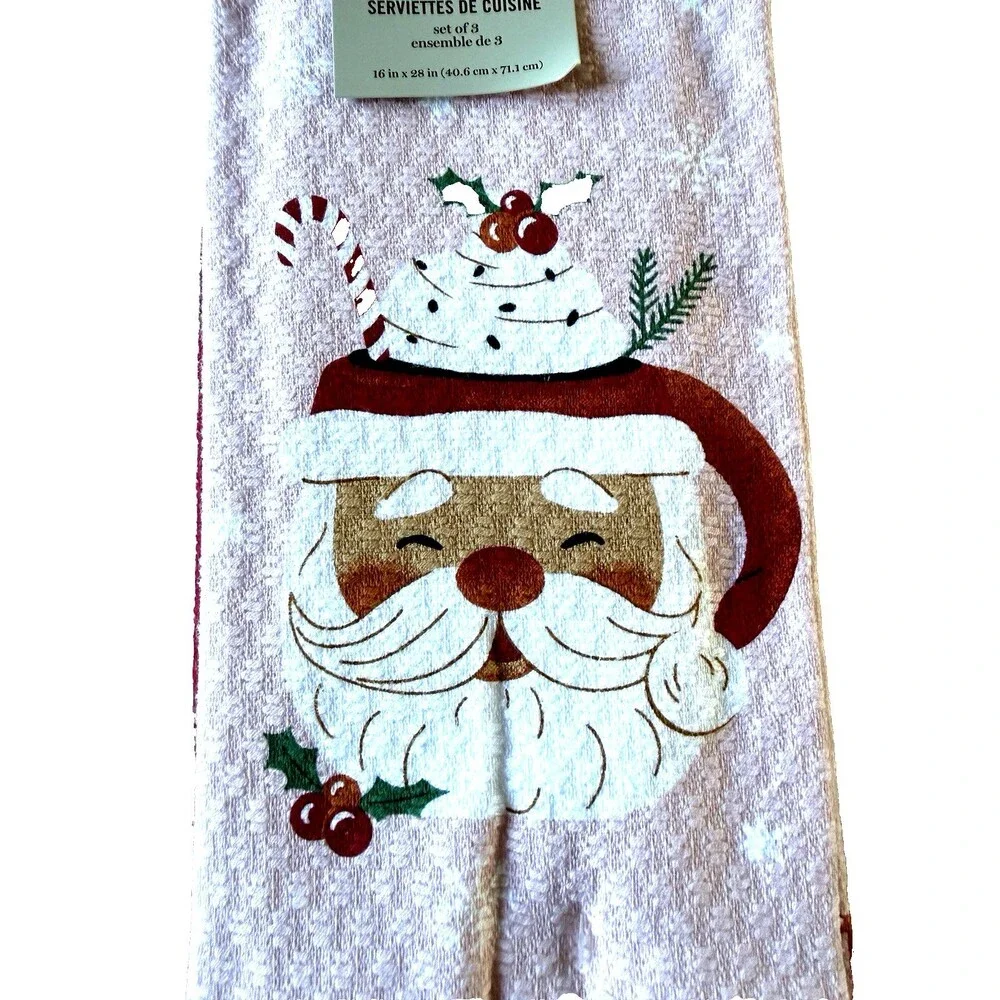 Martha Stewart Christmas Santa Claus Dish Kitchen Towels Set of 3 Pink Red 16x28